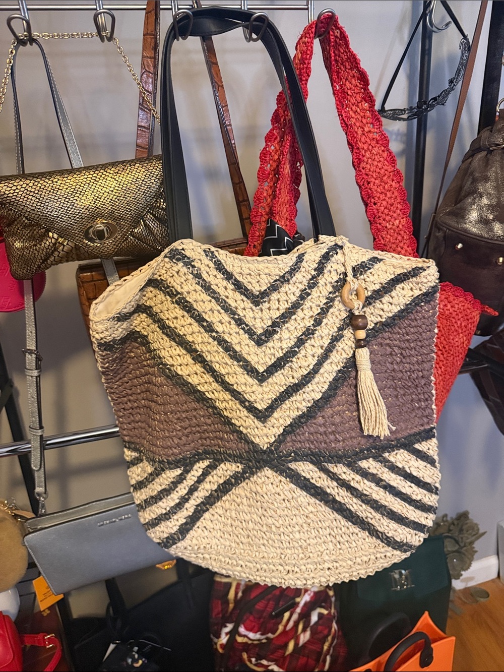 Rachel Zoe Natural, Black & Brown Chevron Straw Tote